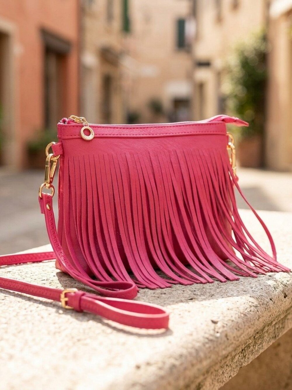 Fushia Pink Fringe Crossbody Bag - Picture 2 of 7